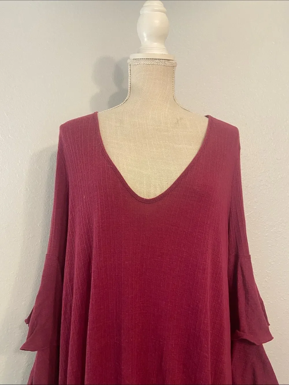 Free People Beach Burgundy Ruffled Long Sleeve Mini Dress Size Medium